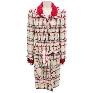 CHANEL IVORY / RED MULTI 2004 CHECKED TWEED MID LENGTH COAT WITH BELT